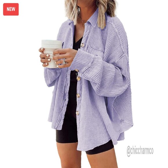 Waffle Knit Shacket Oversized Button Down Shirt Jacket Lightweight Spring